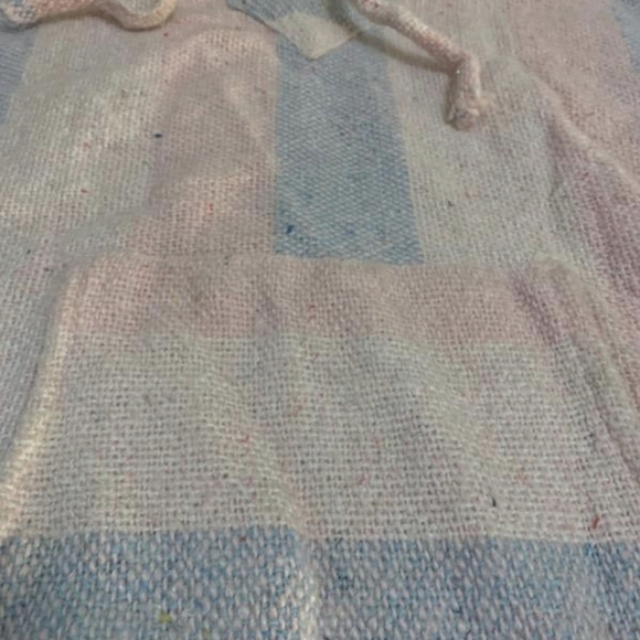 Y2K Vintage Baja Hoodie Drug Rug Pink Blue Striped Pullover Large Mexican Jumper - Picture 4 of 5